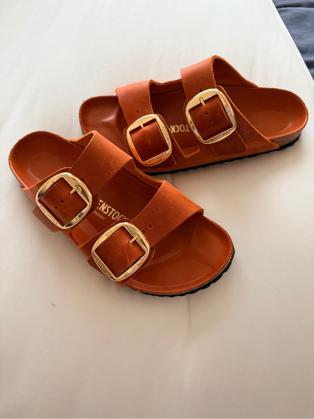 Birkenstock Orange Double-Strap Sandals with Gold Buckles